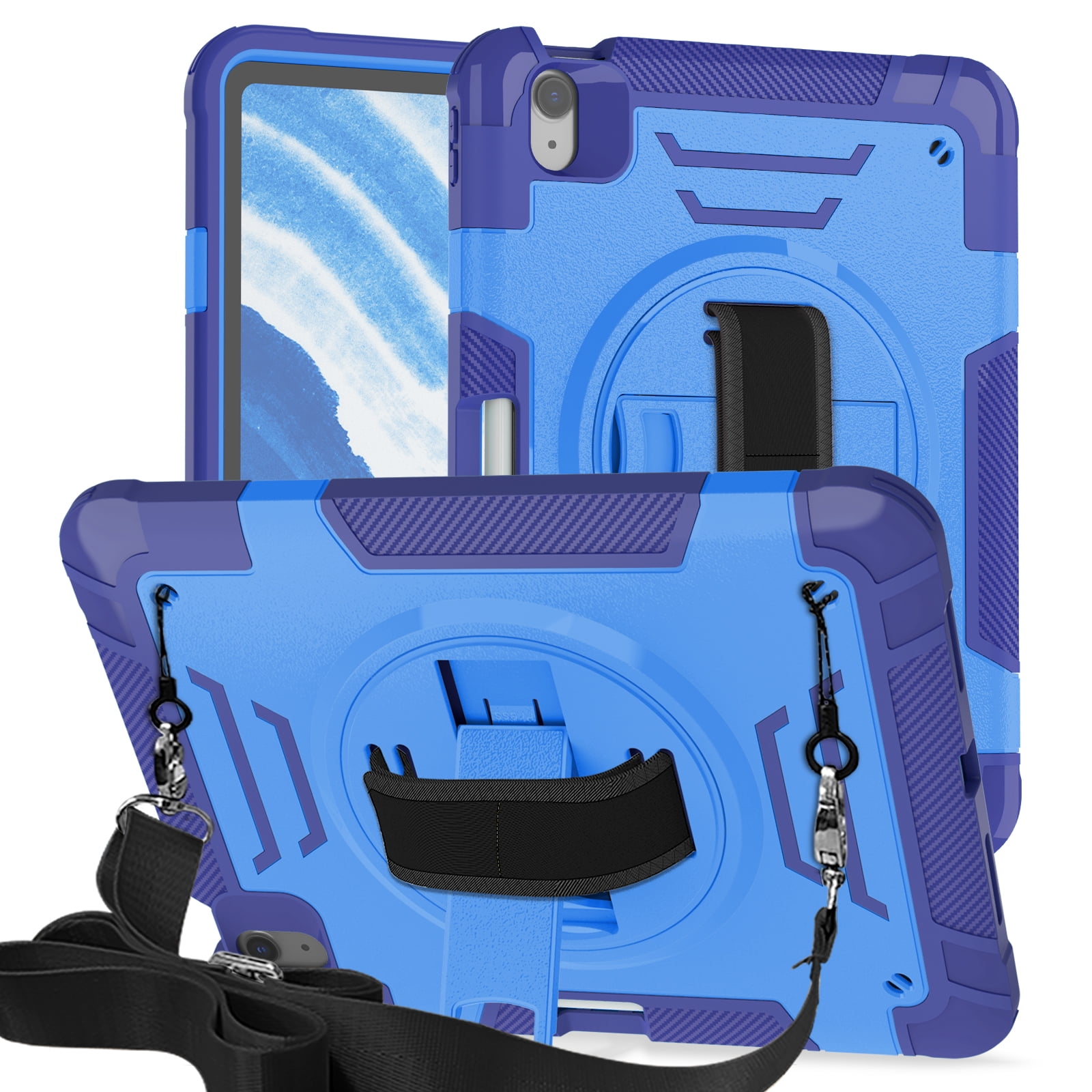 Casetego for iPad Air 6th/5th/4th Generation Case (10.9”, 2024/2022/2020),Shockproof Heavy Duty [360 Rotating Stand] [Hand Strap] [Pencil Holder] iPad Air 6/5/4 for Case Kids Girls Gifts,Blue