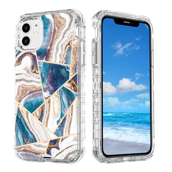Casetego for iPhone 11 Case 6.1",Shiny Bling Marble Full Body Protective Support Wireless Charing Bumper Rugged Anti-Scratch Hybrid Rubber Case Cover,Blue Gold