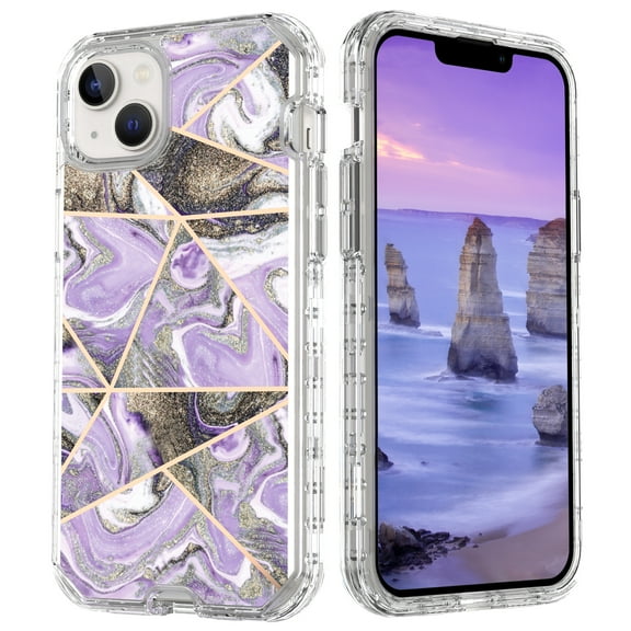 Casetego for iPhone 12 Case,Shiny Bling Marble Full Body Protective Support Wireless Charing Bumper Rugged Anti-Scratch Hybrid Rubber Case Cover,Purple
