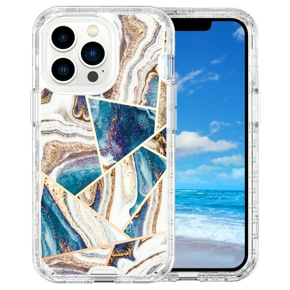 Casetego for iPhone 12 Pro Max Case,Shiny Bling Marble Full Body Protective Support Wireless Charing Bumper Rugged Anti-Scratch Hybrid Rubber Case Cover,Blue Gold