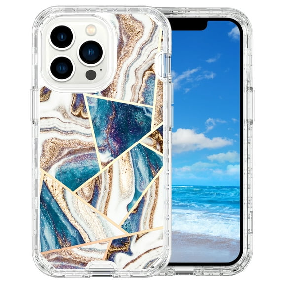 Casetego for iPhone 13 Pro Max Case,Shiny Bling Marble Full Body Protective Support Wireless Charing Bumper Rugged Anti-Scratch Hybrid Rubber Case Cover,Blue Gold