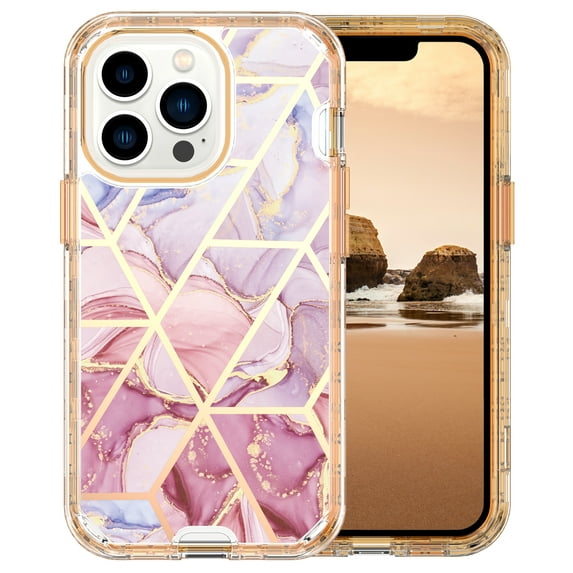 Casetego for iPhone 13 Pro Max Case,Shiny Bling Marble Full Body Protective Support Wireless Charing Bumper Rugged Anti-Scratch Hybrid Rubber Case Cover,Pink