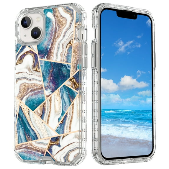 Casetego for iPhone 14 Case 6.1",Shiny Bling Marble Full Body Protective Support Wireless Charing Bumper Rugged Anti-Scratch Hybrid Rubber Case Cover,Blue Gold