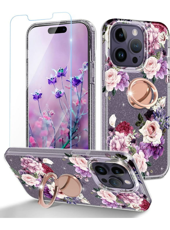 Casetego for iPhone 14 Pro Case with [2 Tempered Glass Screen Protector+360° Rotatable Ring Holder] Clear Floral Glitter Shockproof Kickstand Slim for Women Girls Phone Cover,Purple Flower