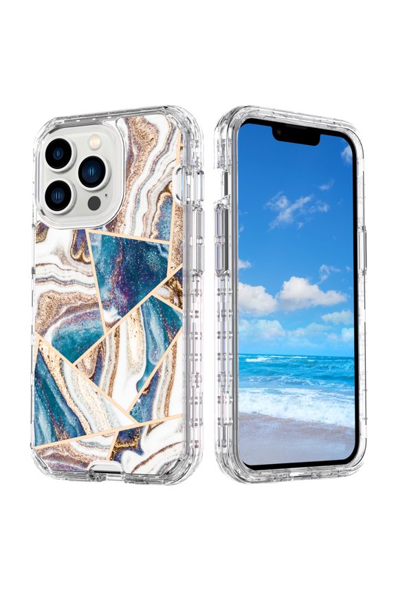 for iPhone 14 Pro Case 6.1",Shiny Bling Marble Full Body Protective Support Wireless Charing Bumper Rugged Anti-Scratch Hybrid Rubber Case Cover,Blue Gold