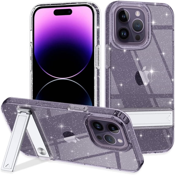 Casetego for iPhone 14 Pro Max Case with Adjustable Metal Kickstand,Crystal Clear Soft Flexible TPU Slim Shockproof Drop Protection 6.7 Inch Cover Girls Women for Apple 14 Pro Max,Transparent Glitter