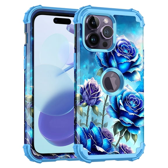 Casetego for iPhone 14 Pro Max Case,Glow in The Dark Three Layer Heavy Duty Sturdy Shockproof Protection Rugged Hard PC+Soft TPU Bumper Case,Blue Rose