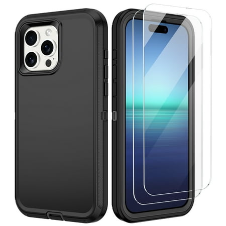 Casetego for iPhone 15,15 Pro,15 Plus,15 Pro Max Case with 2 Pack Screen Protector,Heavy Duty Shockproof Full Body Protective Phone Cover for iPhone 15 Pro Max,Black