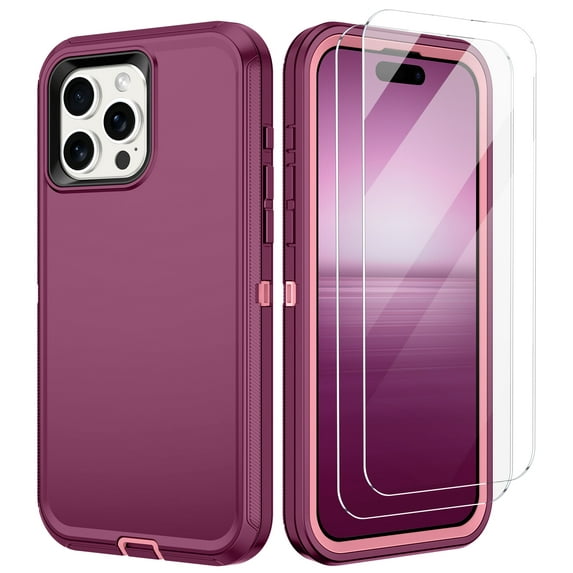 Casetego for iPhone 15,15 Pro,15 Plus,15 Pro Max Case with 2 Pack Screen Protector,Heavy Duty Shockproof Full Body Protective Phone Cover for iPhone 15 Pro Max,Pink