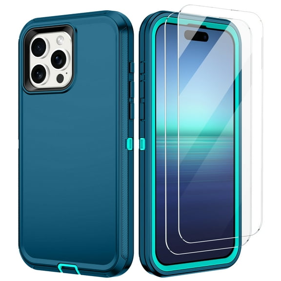 Casetego for iPhone 15,15 Pro,15 Plus,15 Pro Max Case with 2 Pack Screen Protector,Heavy Duty Shockproof Full Body Protective Phone Cover for iPhone 15 Pro Max,Turquoise