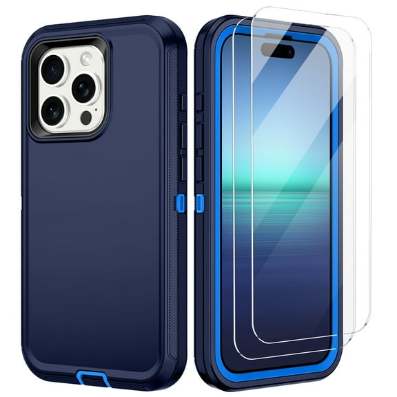 Casetego for iPhone 15,15 Pro,15 Plus,15 Pro Max Case with 2 Pack Screen Protector,Liquid Silicone Soft Slim Cushion Texture Cover Shockproof Protective Case for iPhone 15 Pro 6.1",Navy Blue