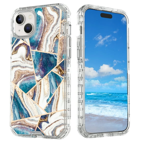 Casetego for iPhone 15 Case 6.1",Shiny Bling Marble Full Body Protective Support Wireless Charing Bumper Rugged Anti-Scratch Hybrid Rubber Case Cover,Blue Gold