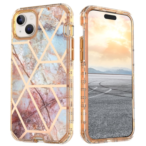 Casetego for iPhone 15 Case 6.1",Shiny Bling Marble Full Body Protective Support Wireless Charing Bumper Rugged Anti-Scratch Hybrid Rubber Case Cover,Gold