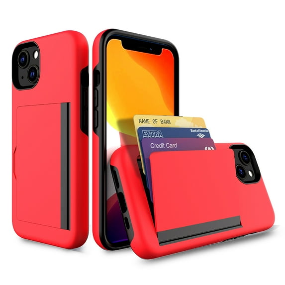 Casetego for iPhone 15 Case,Wallet 2-Card Holder ID Slot Flip Door Hidden Pocket Anti-Scratch Dual Layer Hybrid TPU Bumper Armor Protective Hard Shell Back Cover,Red