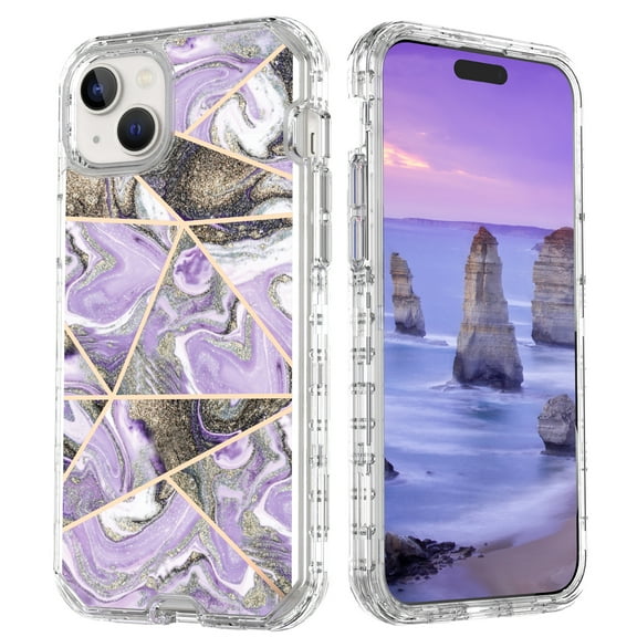 Casetego for iPhone 15 Plus Case,Shiny Bling Marble Full Body Protective Support Wireless Charing Bumper Rugged Anti-Scratch Hybrid Rubber Case Cover,Purple