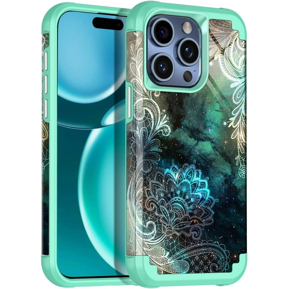 Casetego for iPhone 15 Pro Case,Double Design Glossy Shockproof Protection Durable Hybrid Hard PC+Soft TPU Bumper Protective Phone Cover for Girls Women,Green