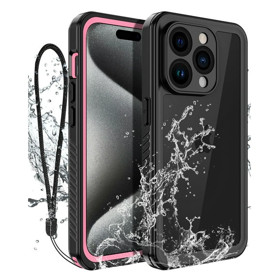 Casetego for iPhone 15 Pro Case,IP68 14FT Waterproof Underwater Dustproof Shockproof Rugged with Built-in Screen Protector Full Protect Phone Cover with Lanyard,Rose Red