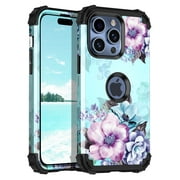 Casetego for iPhone 15 Pro Case,Three Layer Heavy Duty Sturdy Rugged Shockproof Full Body Hard PC+Soft TPU Bumper Protective Cover or Women Girls,Blue Flower