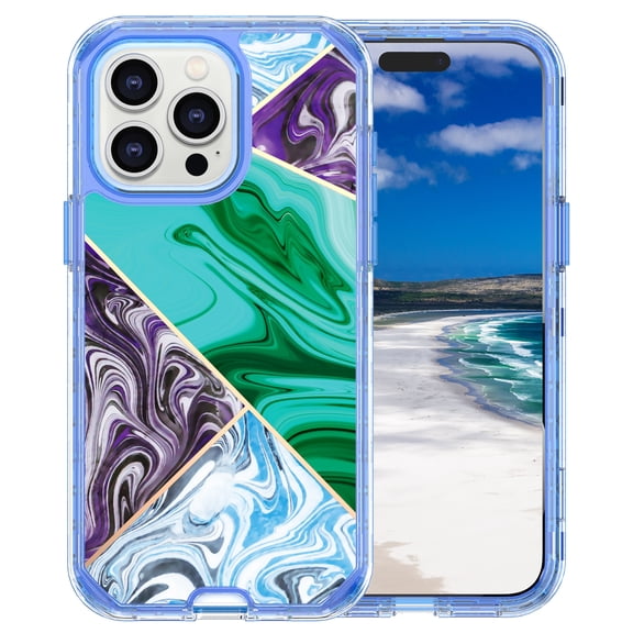 Casetego for iPhone 15 Pro Max Case 6.1",Shiny Bling Marble Full Body Pro Maxtective Support Wireless Charing Bumper Rugged Anti-Scratch Hybrid Rubber Case Cover,Purple Green
