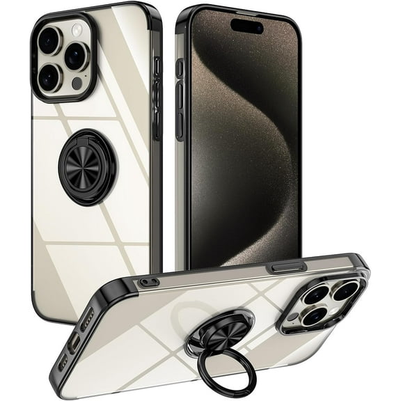 Casetego for iPhone 15 Pro Max Case Shockproof Slim Fit Rugged Drop-Resistant Full Body Protective Cover with Ring Holder Stand Support Car Mount Case,Clear/Black