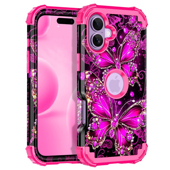 Casetego for iPhone 17 5G Case,Glow in The Dark Three Layer Heavy Duty Shockproof Protection Hard Plastic Bumper+Soft Silicone Protective 6.3 inch Case,Rose Purple Butterfly