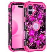 Casetego for iPhone 17 5G Case,Glow in The Dark Three Layer Heavy Duty Shockproof Protection Hard Plastic Bumper+Soft Silicone Protective 6.3 inch Case,Rose Purple Butterfly