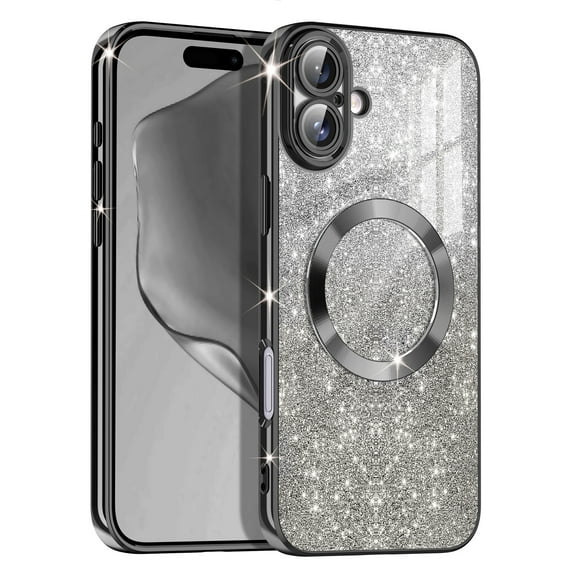 Casetego for iPhone 16 Case,Compatible with MagSafe,Clear Magnetic Glitter Gradient Sparkle Luxury Plated Soft TPU Bumper Full Camera Lens Protector,Black