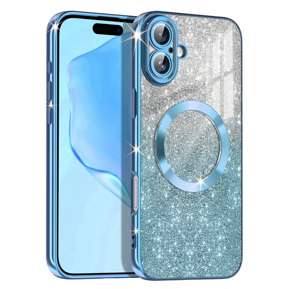 Casetego for iPhone 16 Case,Compatible with MagSafe,Clear Magnetic Glitter Gradient Sparkle Luxury Plated Soft TPU Bumper Full Camera Lens Protector,Blue