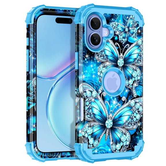Casetego for iPhone 17 5G Case,Glow in The Dark Three Layer Heavy Duty Shockproof Protection Hard Plastic Bumper+Soft Silicone Protective 6.3 inch Case,Blue Butterfly