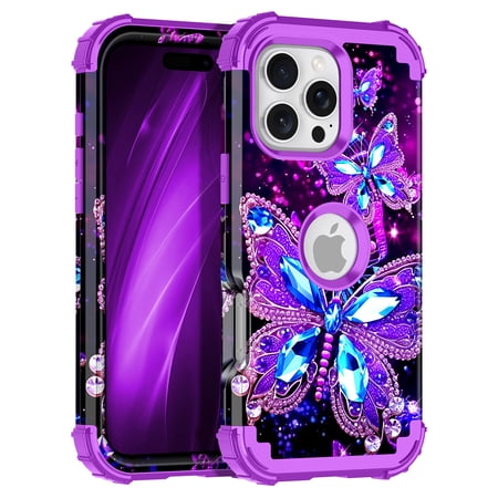 Casetego for iPhone 16 Pro Case,Glow in The Dark Three Layer Heavy Duty Shockproof Full Body Protection Hard Plastic Bumper+Soft Silicone Protective Case,Purple Butterfly