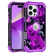 Casetego for iPhone 16 Pro Case,Glow in The Dark Three Layer Heavy Duty Shockproof Full Body Protection Hard Plastic Bumper+Soft Silicone Protective Case,Purple Rose