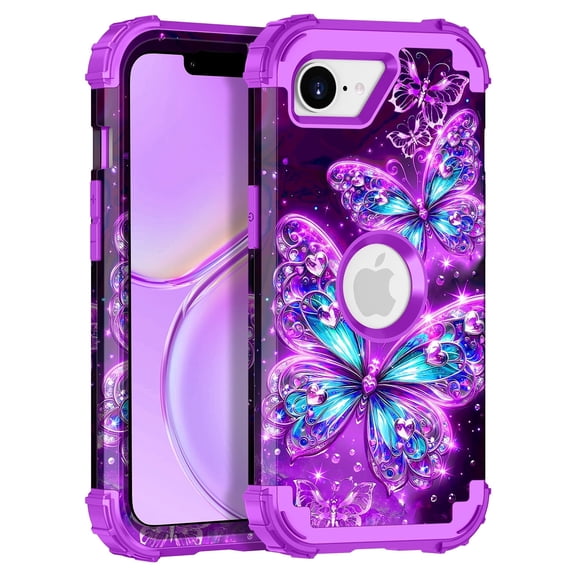 Casetego for iPhone 16E 5G Case,Glow in The Dark Cute Fashion Blue Crystal Butterfly,Heavy Duty Shockproof Protective Stylish Apple iPhone 16E Phone Case for Women Girls Gifts,Purple Blue Butterfly