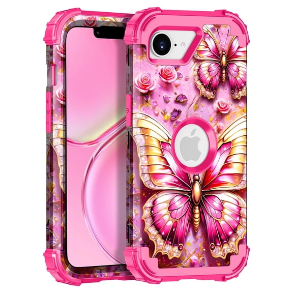 Casetego for iPhone 16E 5G Case,Glow in The Dark Cute Fashion Blue Crystal Butterfly,Heavy Duty Shockproof Protective Stylish Apple iPhone 16E Phone Case for Women Girls Gifts,Pink Gold Butterfly