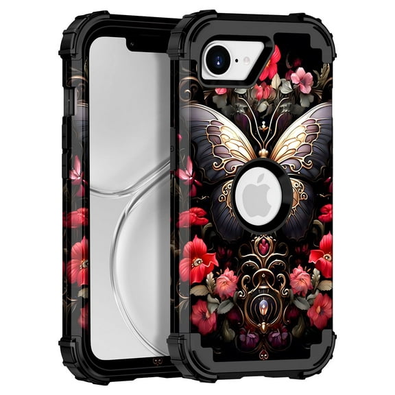 Casetego for iPhone 16E 5G Case,Glow in The Dark Cute Fashion Blue Crystal Butterfly,Heavy Duty Shockproof Protective Stylish Apple iPhone 16E Phone Case for Women Girls Gifts,Black Red Butterfly