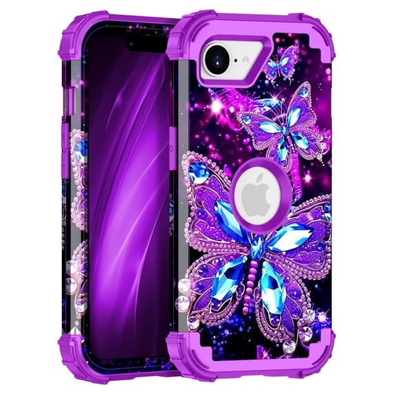 Casetego for iPhone 16e Case,iPhone 17e Case,Glow In The Dark Cute Fashion Blue Crystal Butterfly,Heavy Duty Shockproof Protective Stylish Phone Case For Women Girls Gifts,Purple Butterfly