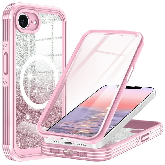 Casetego for iPhone 16e Magnetic Case 2025,[Compatible with MagSafe] Built-in Tempered Glass Screen Protector Full Body Shockproof Protective Phone Cover for Women Girls,Pink Glitter