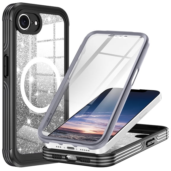 Casetego for 17e Case (2026) / iPhone 16e Case (2025),[Compatible with Magnetic] Built-in Tempered Glass Screen Protector Full Body Shockproof Protective Phone Cover for Women Girls,Black Glitter