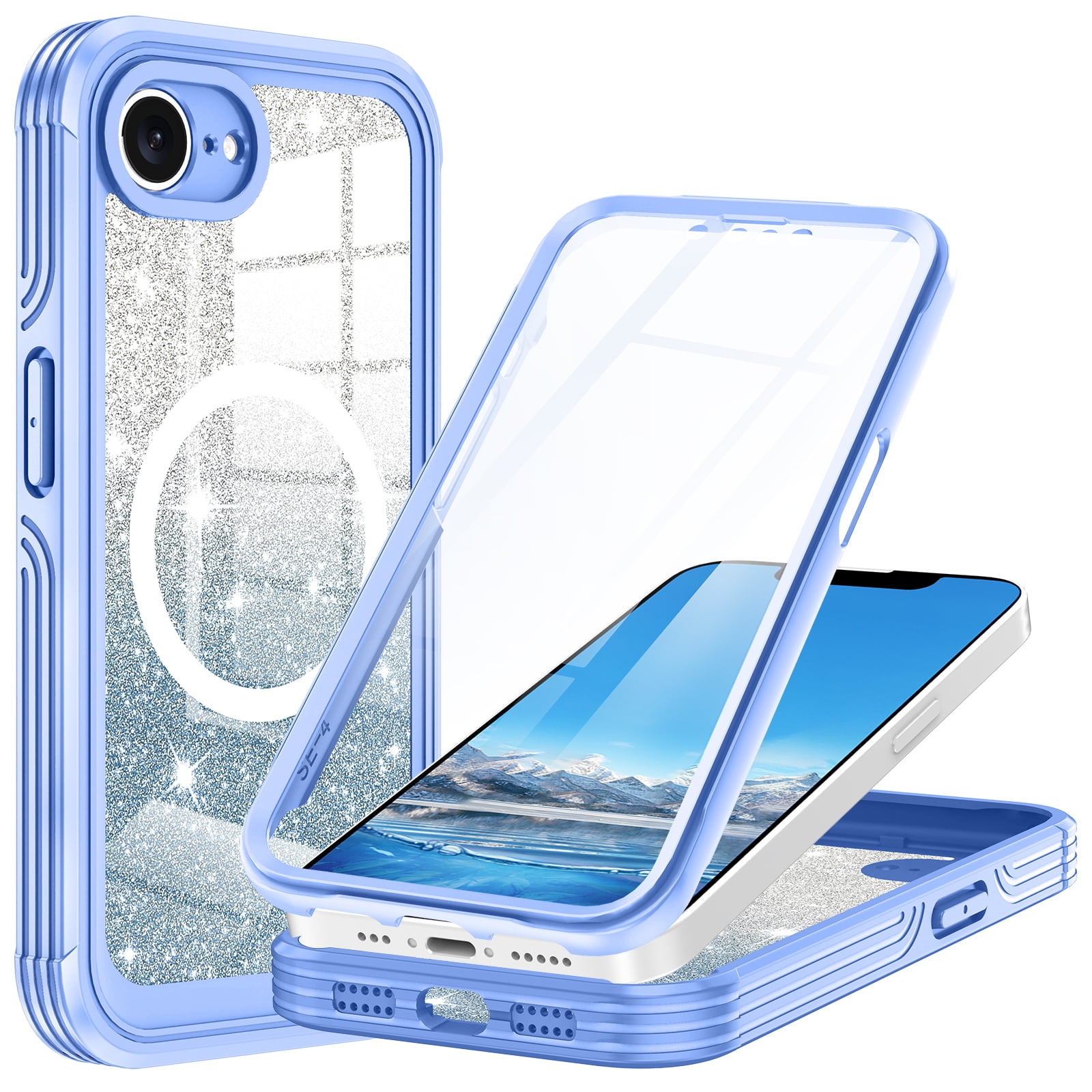 Casetego for iPhone 16e Magnetic Case 2025,[Compatible with MagSafe] Built-in Tempered Glass Screen Protector Full Body Shockproof Protective Phone Cover for Women Girls,Blue Glitter
