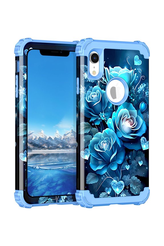 for iPhone XR Case,3 in 1 Heavy Duty Hybrid Sturdy High Impact Shockproof Rugged Full Body Protective Hard PC+Soft TPU Bumper Cover Case,Blue Flower