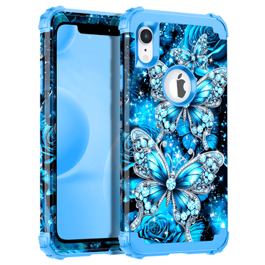 Casetego For iPhone XR Case,Glow in The Dark Three Layer Heavy Duty Shockproof Hard Plastic Bumper Soft Silicone Protective Case for Apple iPhone XR,Blue Butterfly