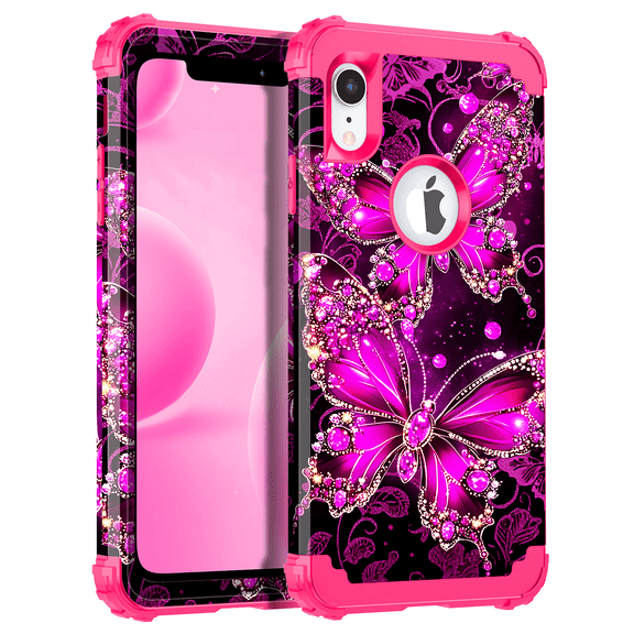 Casetego For iPhone XR Case,Glow in The Dark Three Layer Heavy Duty Shockproof Hard Plastic Bumper+Soft Silicone Protective Case for Apple iPhone XR,Rose Purple Butterfly