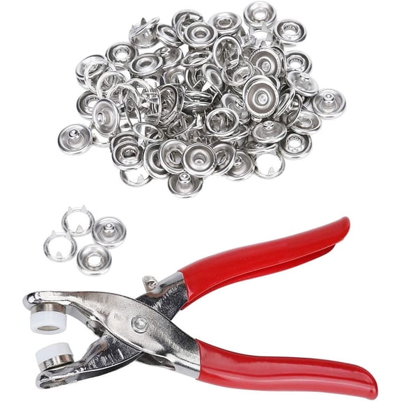 Casewin 100 Sets Stainless Steel Snaps Buttons 9.5mm Open-Ring Cap Gripper Grip Prong with Fastener Pliers Press Tool Kit Perfect for DIY Crafts Clothes Hats and Sewing 1pc Metal Pliers + 100pcs Snaps