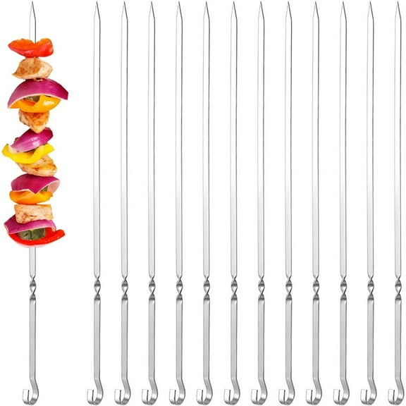 Casewin 10PCS Kabob Skewers Flat Metal Stainless Steel Barbecue Skewer 15" Anti-Roll Heavy Duty Shish Kebob Sticks Reusable Grilling Skewers Set for Meat Shrimp Chicken Vegetable Kebab Fork Sausage