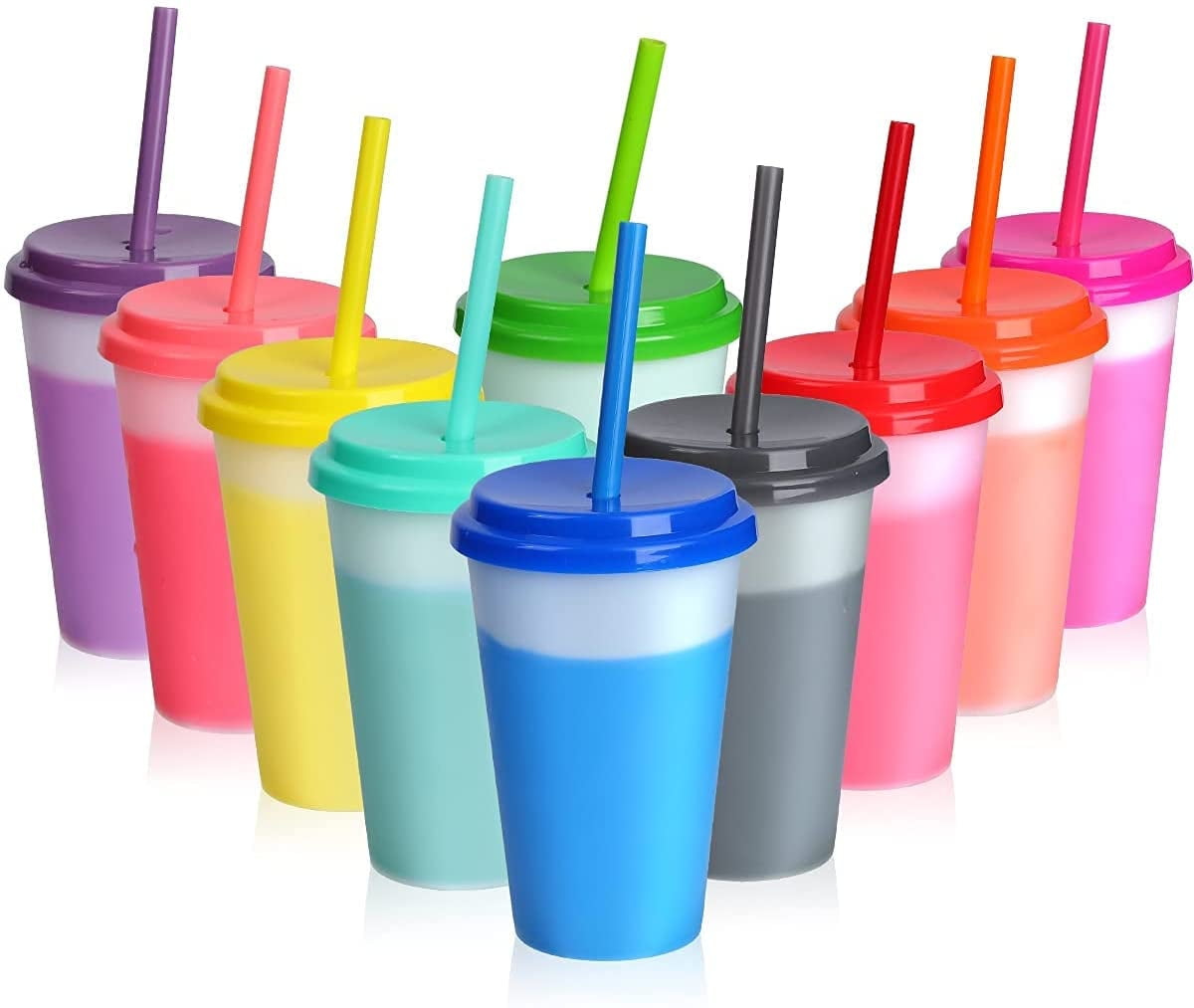 Casewin 10Pcs Color Changing Cups with Lids & Straws - 12 oz Cute Reusable Plastic Tumblers Bulk |Party Funny Tumbler Ice Cold Drinking Cup for Kids & Adults