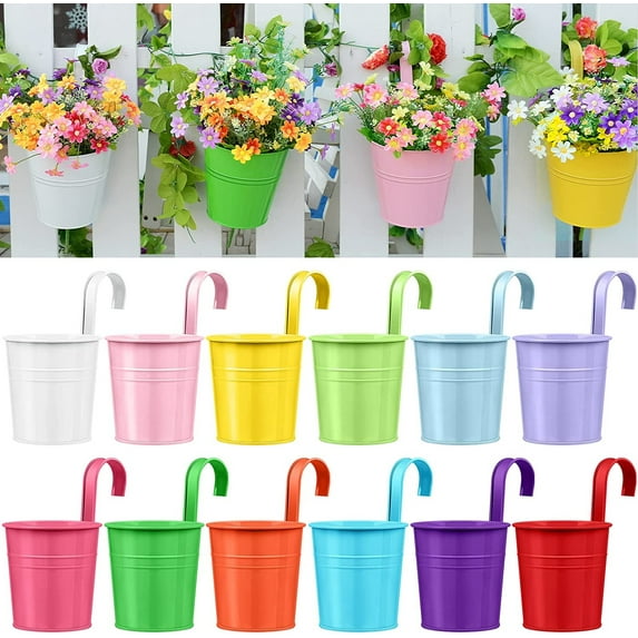 Casewin 12 Pieces 4 Inches Metal Iron Hanging Flower Pots Hanging Plant Holder Hanging Planter Pots Hanging Bucket for Railing Fence Balcony Home Garden Decoration, Multicolor