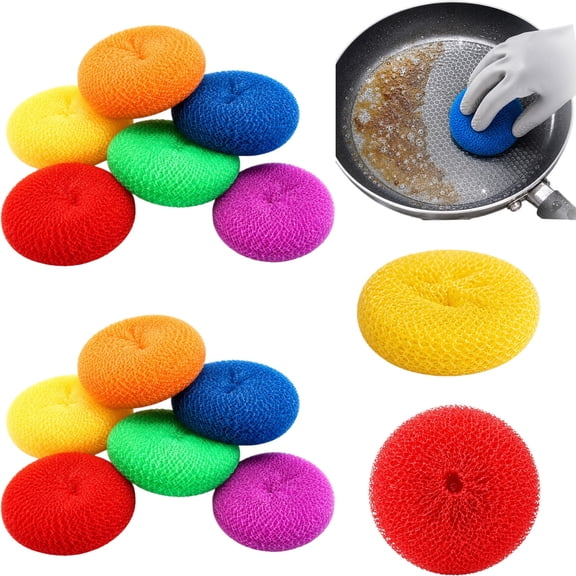 Plastic Dish Scrubbers,12 PCS Dish Scrub Brush,Nylon Scouring Pads,Round Scrubber Scouring Pad, Mesh Scourers Poly Mesh Scouring Dish Pads Non Scratch Cleaning Supplies