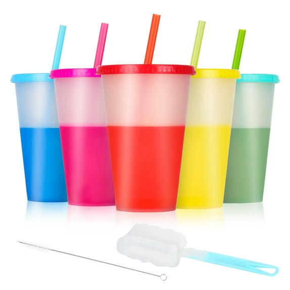 Casewin 16 oz Color Changing Cups,5 Colors of Plastic Cups Reusable Tumbler with Lids and Straws,Adult Children Cold Drink Cups, Smoothie Cups, Iced Coffee Cups, Party Cups