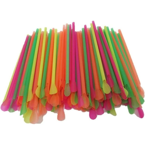 Casewin 200 Spoon Straws Assorted Neon Colored Snow-Cone Drinking Plastic Straws With Spoons 7 3/4" Plastic Milkshake Straws