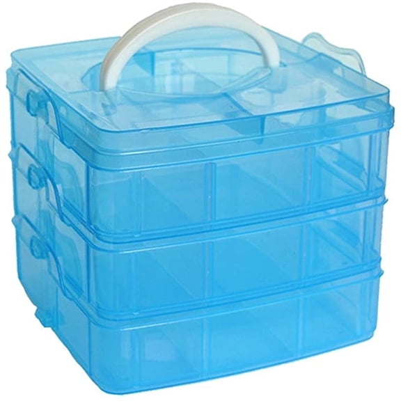 Casewin 3 Layer Stack & Carry Box, Plastic Multipurpose Portable Storage Container Box Handled Organizer Storage Box for Organizing Stationery, Sewing, Art Craft, Jewelry and Beauty Supplies Blue