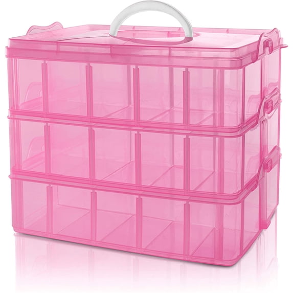 Casewin 3-Layer Things & Crafts Storage Box with 30 Adjustable Compartments for Organizing Tape, Embroidery Accessories, Threads Bobbins, Kids Toy, Beauty Supplies, Nail Polish, Jewelry - Large